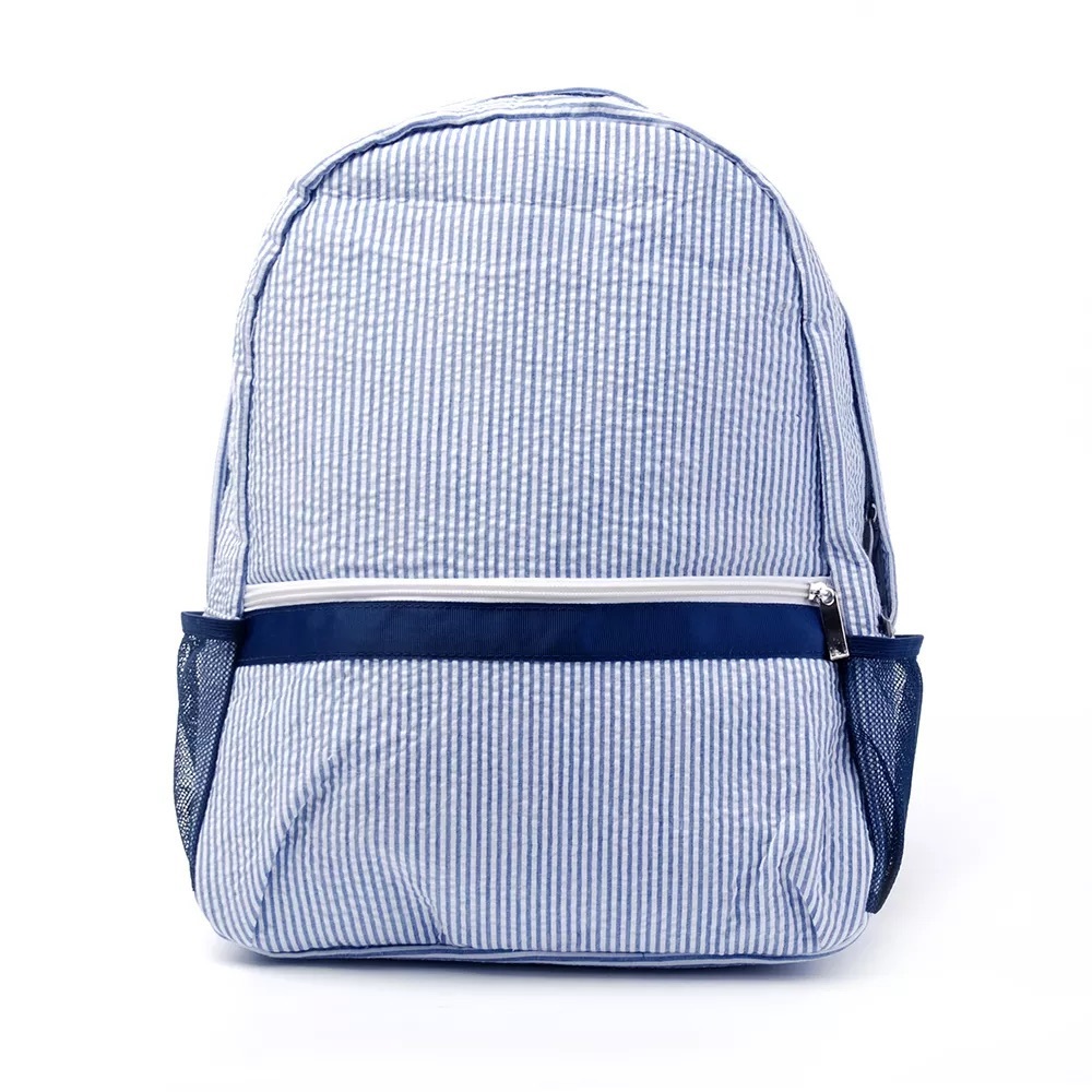 Navy Blue Seersucker Full-Size Backpack New